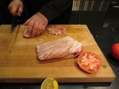 Chef D cutting Smoked Bacon - Nutrafarms