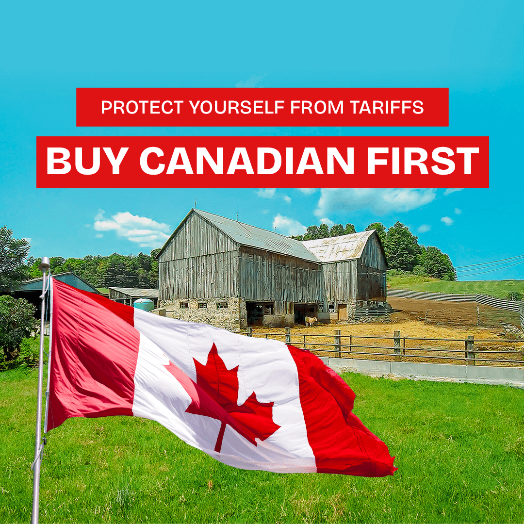 A Canadian flag in front of a farm, emphasizing local food security and reducing reliance on U.S. imports.