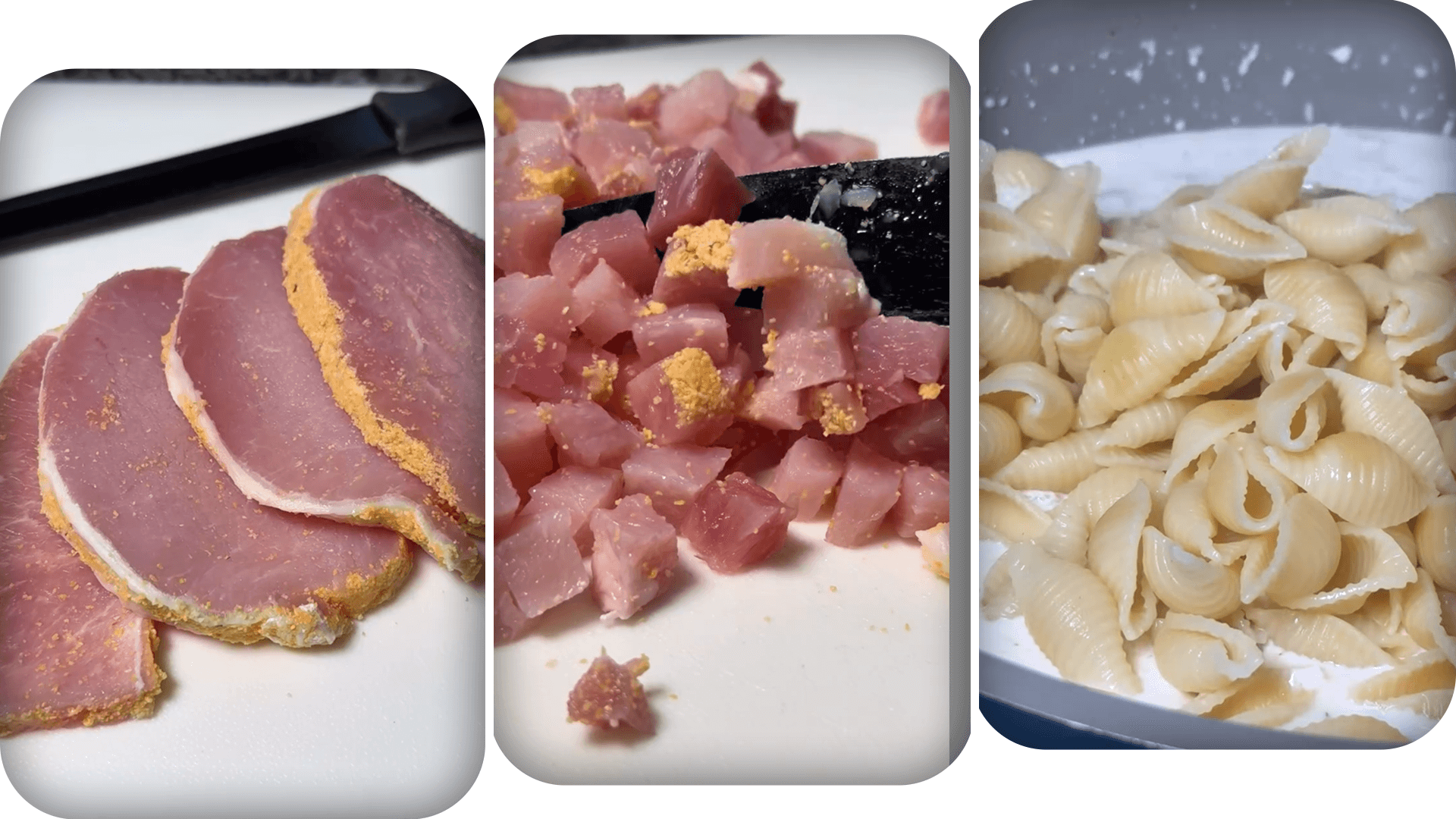 diced-peameal-bacon-and-cooked-pasta-shells diced-peameal-bacon-and-cooked-pasta-shells